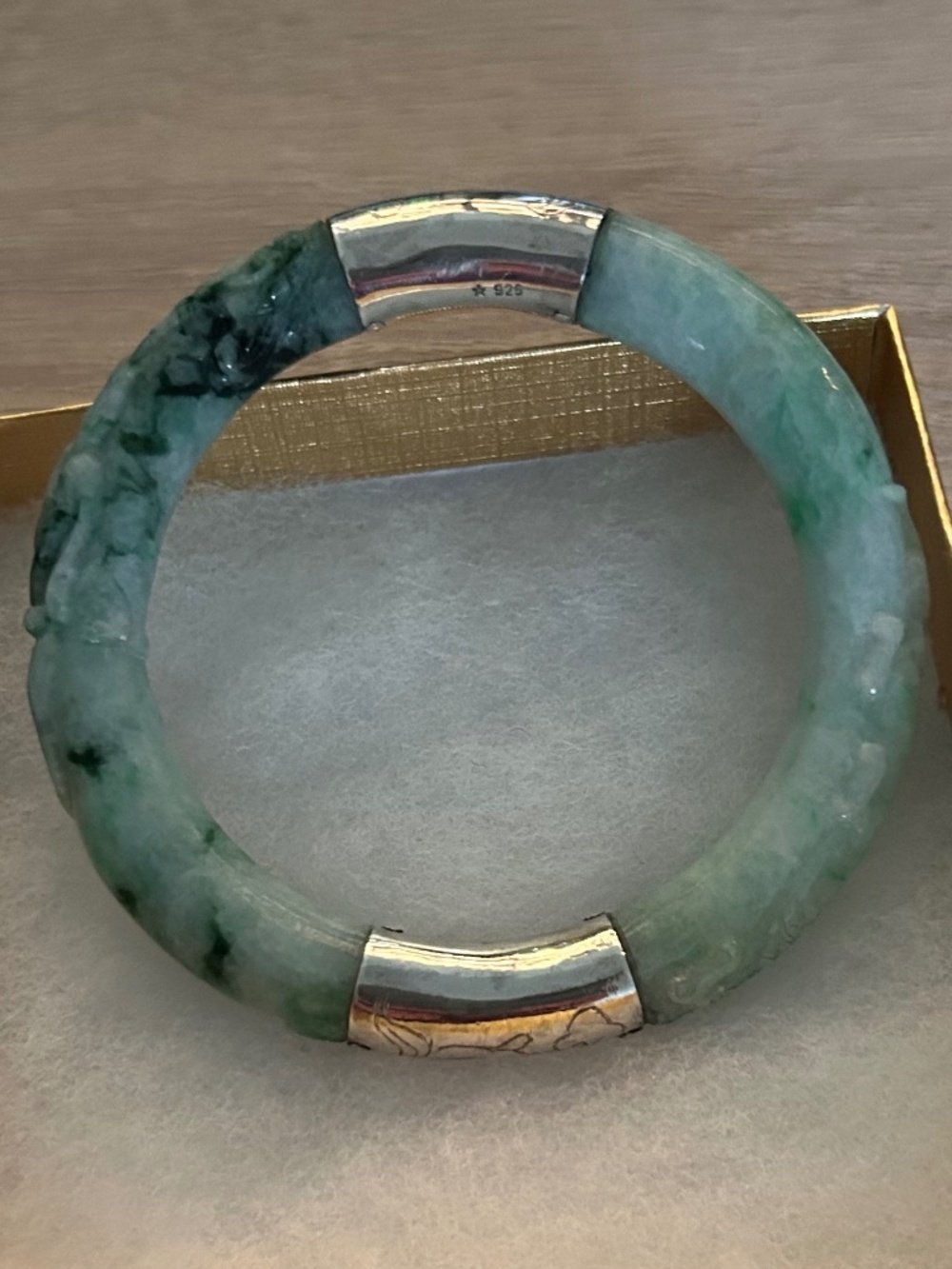 Antique Sterling Silver 925 Natural Jadeite Jade Bangle Bracelet Handmade 55g